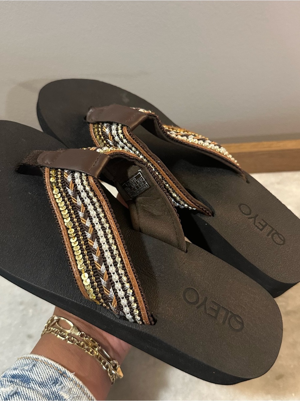 Women’s Brown Beaded Platform Flip Flop Sandals